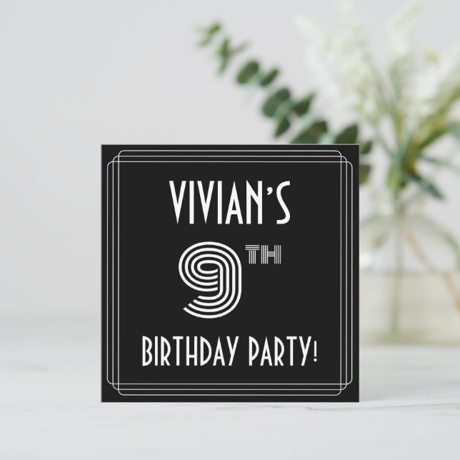 9th Birthday Party: Art Deco Style w/ Custom Name Invitation (Standing Front)