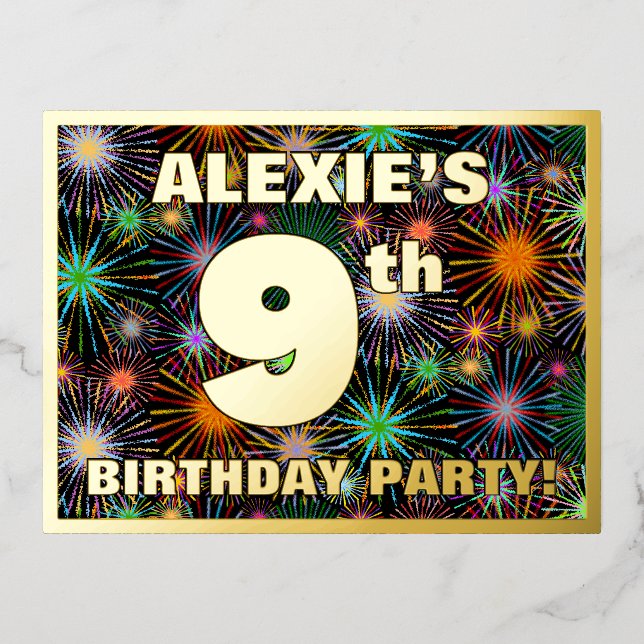 9th Birthday Party: Bold, Colourful Fireworks Look Foil Invitation Postcard (Front)