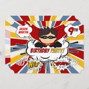 9th Birthday Party Boys Superhero Red Comic Invitation