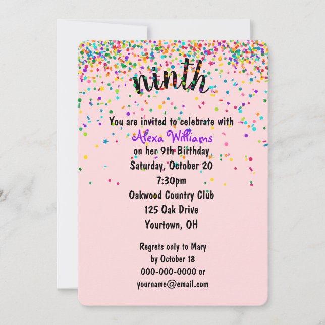 9th Birthday Party Confetti Invitation (Front)