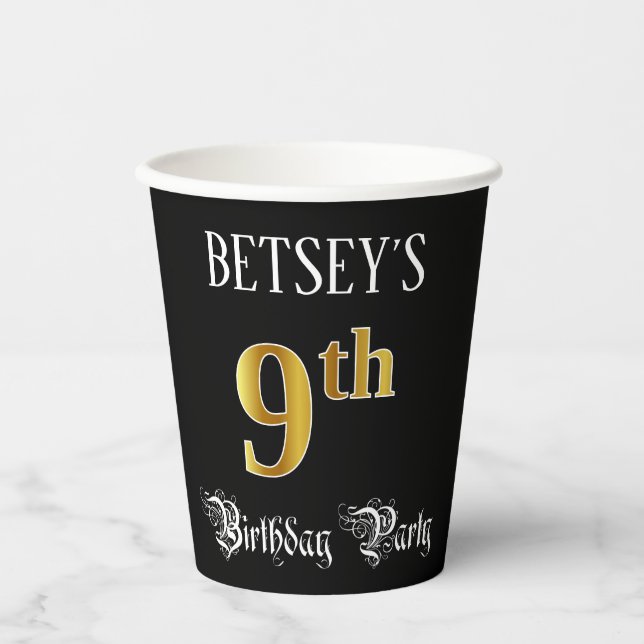 9th Birthday Party — Fancy Script, Faux Gold Look Paper Cups (Front)
