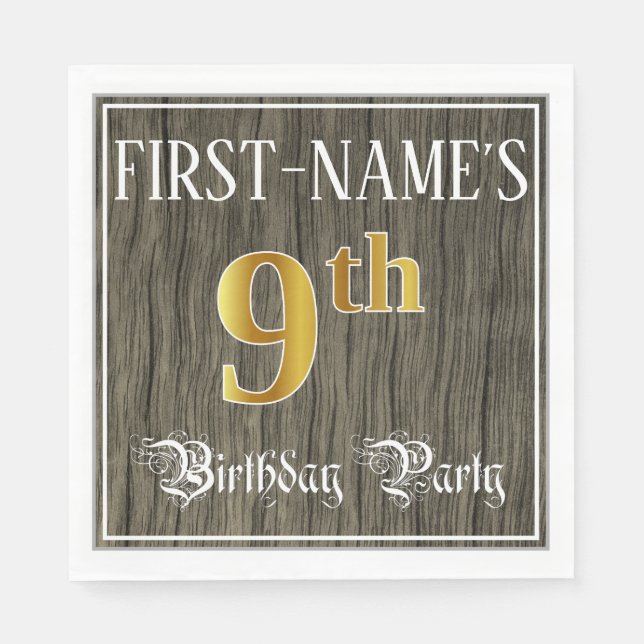 9th Birthday Party — Faux Gold & Faux Wood Looks Napkin (Front)