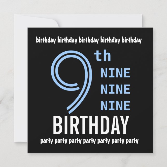 9th Birthday Party Modern Blue and Black G200 Invitation (Front)