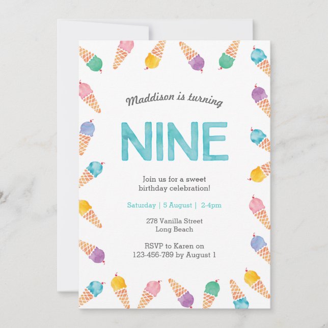 9th Birthday Party | Rainbow Ice cream invitation (Front)