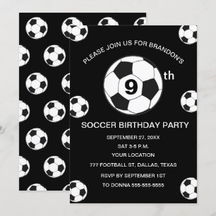 9th Birthday Party Soccer Black Boys Sports Invitation