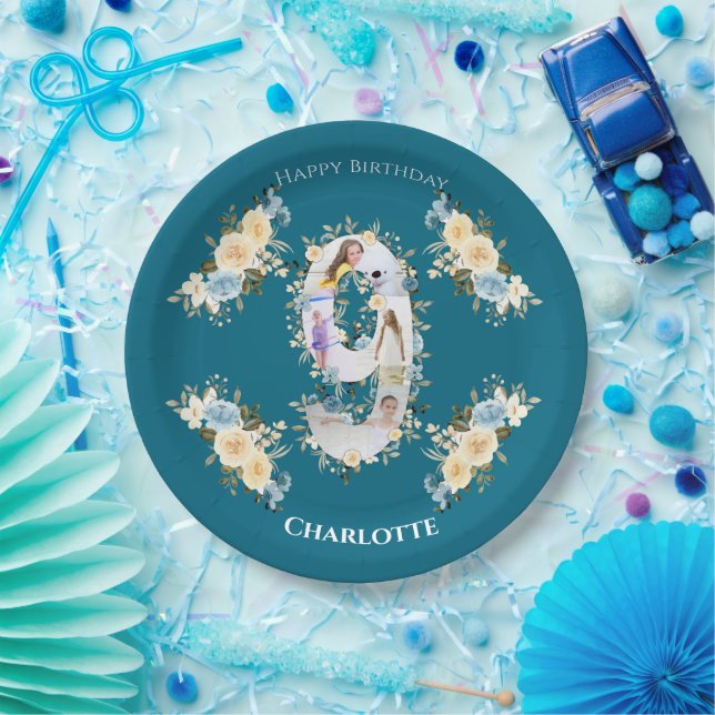 9th Birthday Photo Collage Blue Yellow Flower Teal Paper Plate (Party)