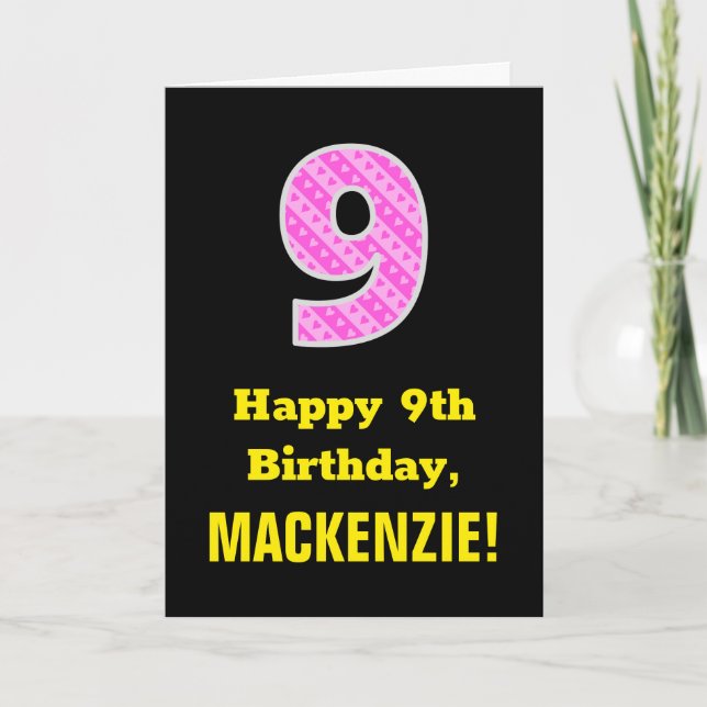 9th Birthday: Pink Stripes and Hearts "9" + Name Card (Front)
