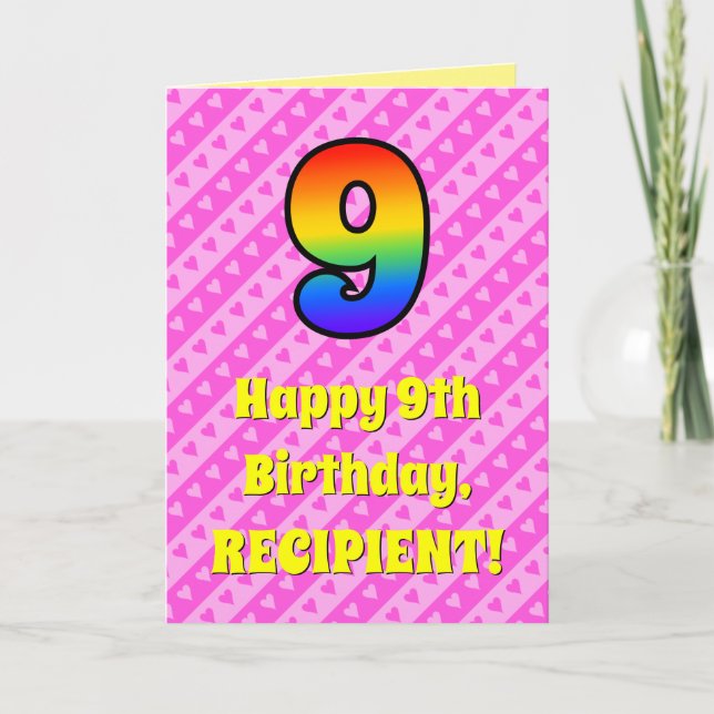 9th Birthday: Pink Stripes & Hearts, Rainbow # 9 Card (Front)