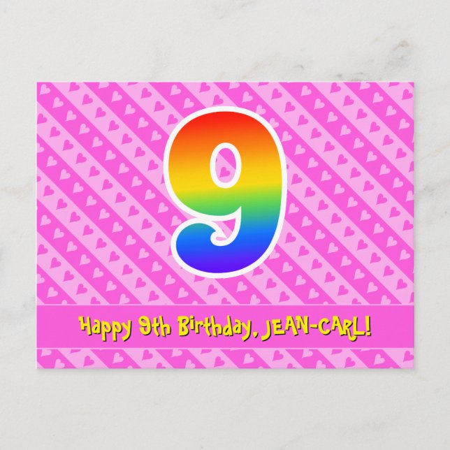 9th Birthday: Pink Stripes & Hearts, Rainbow 9 Postcard (Front)