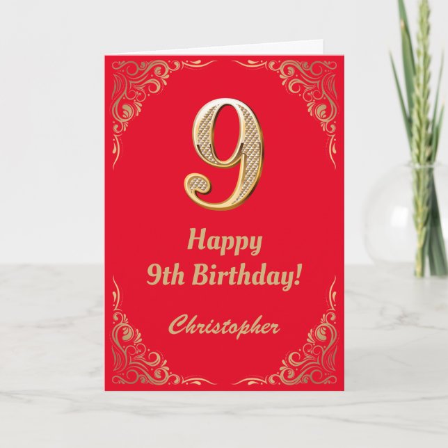 9th Birthday Red and Gold Glitter Frame Card (Front)