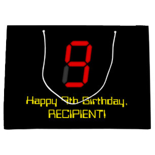 9th Birthday: Red Digital Clock Style "9" + Name Large Gift Bag