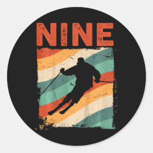 9th Birthday Retro Ski Skiing 9 Year Old Boys Girl Classic Round Sticker