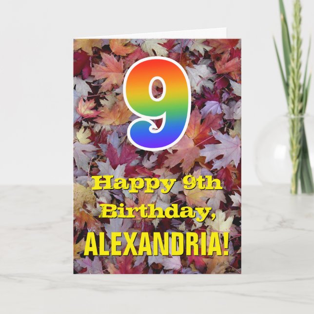 9th Birthday; Rustic Autumn Leaves; Rainbow "9" Card (Front)