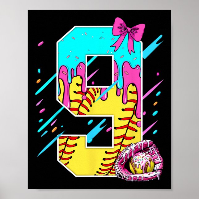 9th Birthday Softll Ice Cream Drip Bow 9 Years Kid Poster (Front)
