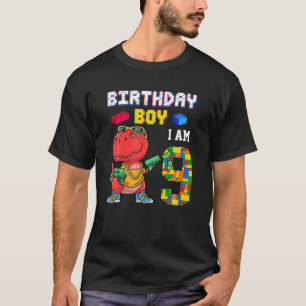 9Th Birthday T Rex Gifts 9 Years Old Block Buildin T-Shirt