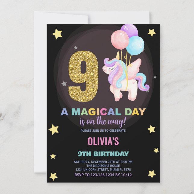 9th Birthday Unicorn Birthday Invitations (Front)