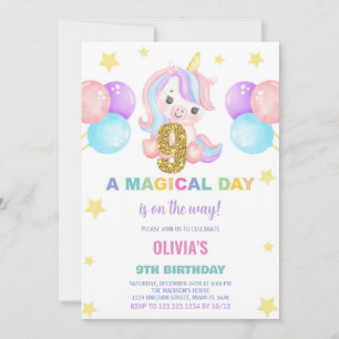 9th Birthday Unicorn Birthday Invitations