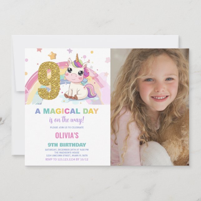 9th Birthday Unicorn Birthday Invitations photo (Front)
