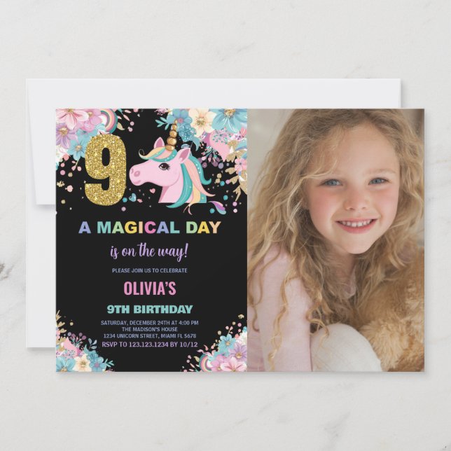 9th Birthday Unicorn Birthday Invitations photo (Front)