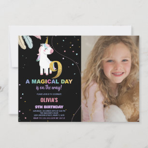 9th Birthday Unicorn Birthday Invitations w photo
