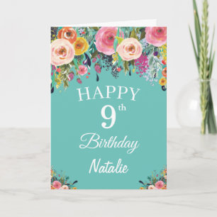 9th Birthday Watercolor Floral Flowers Teal Card