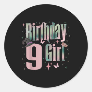 9th Birthday Witch Pink And Green 9 Year Old Birth Classic Round Sticker
