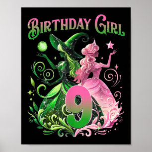 9th Birthday Witch Pink And Green 9 Years Old Birt Poster