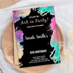 9th Black Purple Paint Birthday Invitations