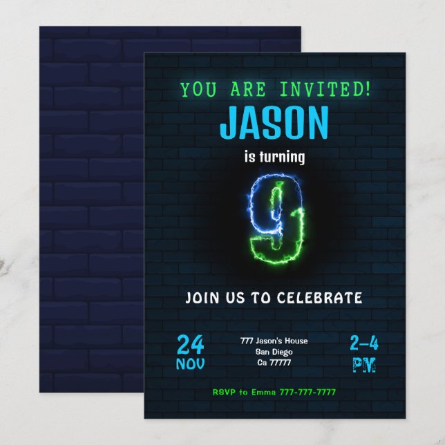 9th Boy Birthday Invitation (Front/Back)
