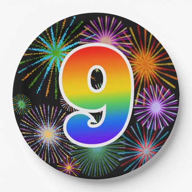 9th Event - Fun, Colourful, Bold, Rainbow 9 Paper Plate (Front)