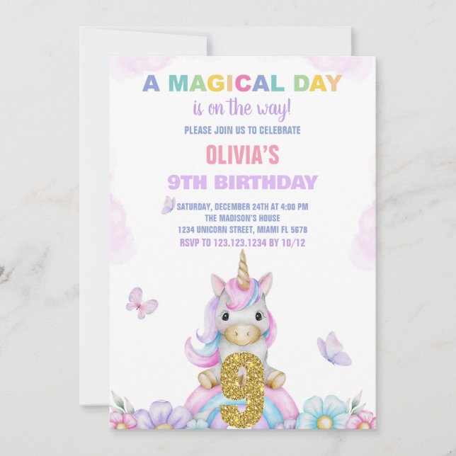 9th Floral Unicorn Birthday Invitations (Front)