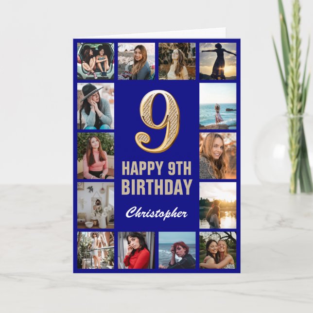 9th Happy Birthday Navy Blue & Gold Photo Collage Card (Front)