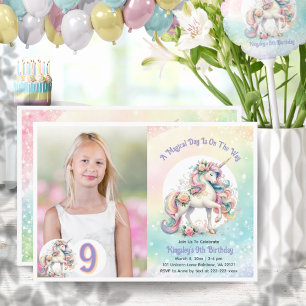 9th Ninth Unicorn Birthday Pastel Radiant Rainbow Invitation