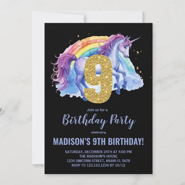 9th Rainbow Unicorn Birthday Invitations (Front)