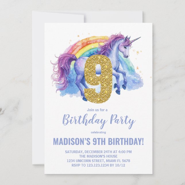 9th Rainbow Unicorn Birthday Invitations (Front)