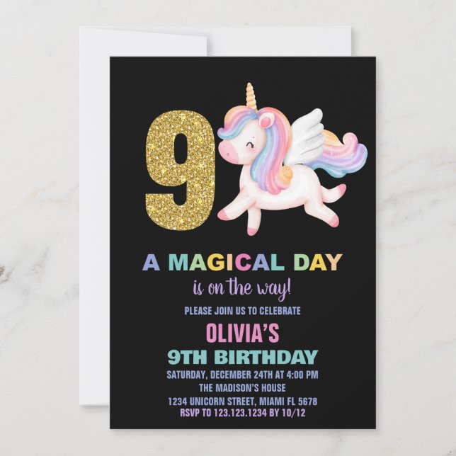 9th Rainbow Unicorn Birthday Invitations Black (Front)