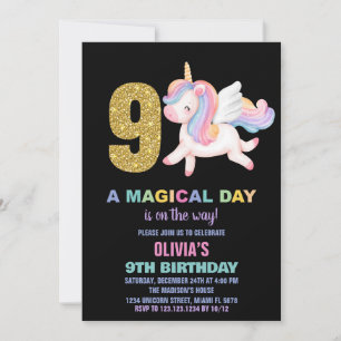 9th Rainbow Unicorn Birthday Invitations Black
