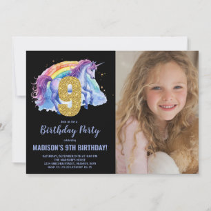 9th Rainbow Unicorn Birthday Invitations photo