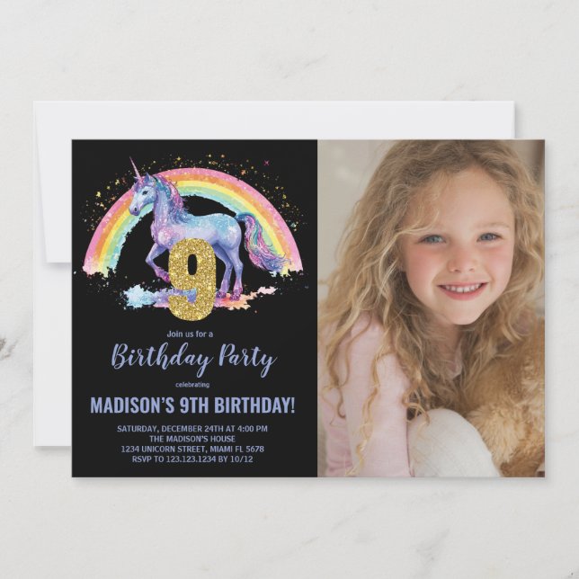 9th Rainbow Unicorn Birthday Invitations photo (Front)
