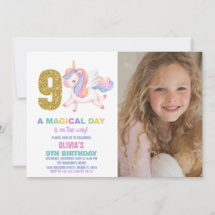 9th Rainbow Unicorn Birthday Invitations w photo