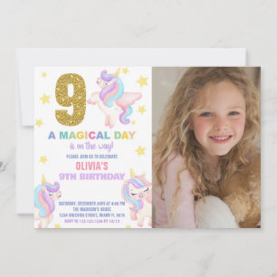 9th Rainbow Unicorn Birthday Invitations w photo