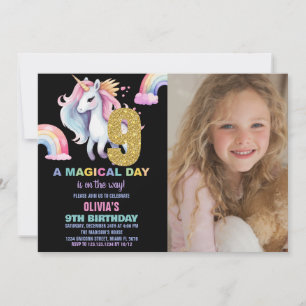 9th Rainbow Unicorn Birthday Invitations w photo
