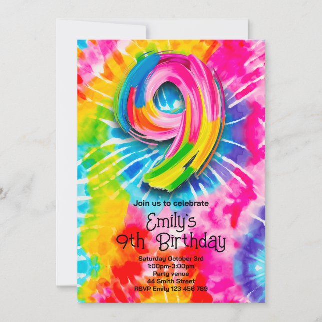 9th Tie Dye Birthday Invitation (Front)
