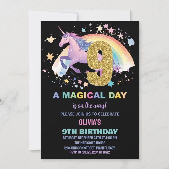 9th Unicorn Birthday Invitations (Front)