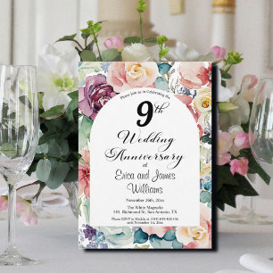 9th Wedding Anniversary Elegant Script Floral Invitation