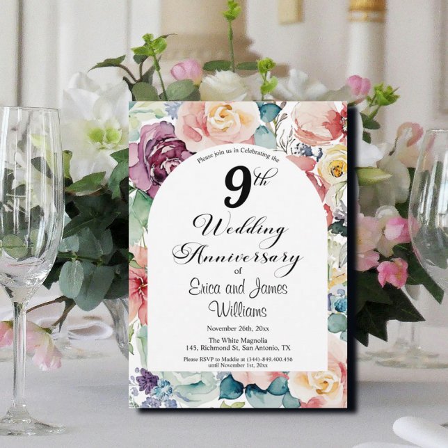 9th Wedding Anniversary Elegant Script Floral Invitation (Creator Uploaded)