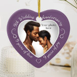 9th Wedding Anniversary Photo Ceramic Tree Decoration<br><div class="desc">Celebrate a 9th happy year of marriage with a custom photo ornament in a delightful heart shape frame. Simply upload your own photo of the married couple and it will appear in the cutout. The soft purple surround features a white script font and decorations. The words are: 8th Wedding Anniversary...</div>