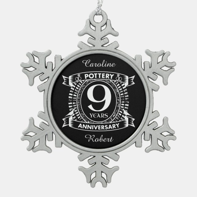 9TH wedding anniversary pottery Snowflake Pewter Christmas Ornament (Front)