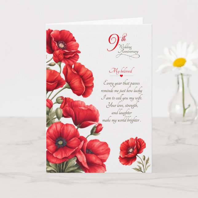 9th Wedding Anniversary Sentimental Red Poppies Card (Small Plant)