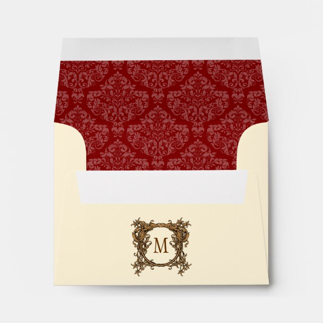 A2 Cream & Red Floral Crest Damask Monogram Envelopes (Back (Bottom))
